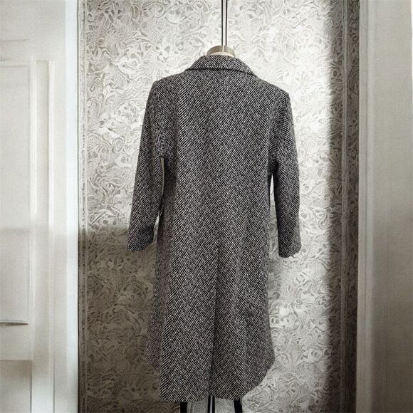 Mark Reed Black Wool Houndstooth Fishbone Trench Coat Large 14P - Picture 2 of 6